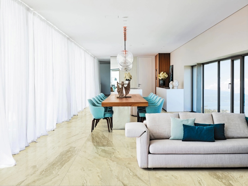 Phòng khách chung cư vừa sang vừa hiện đại với gạch vân đá marble màu xanh rêu Apodio MPMI8888