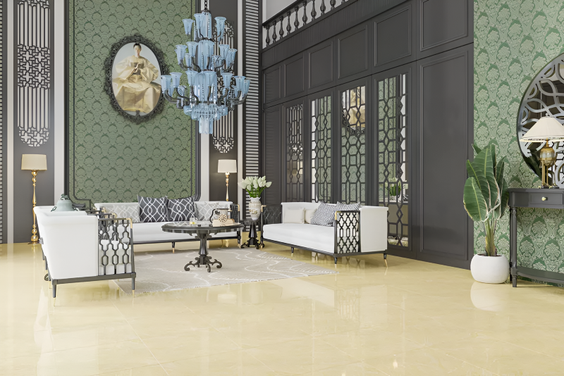Gạch Catalan 76022 màu be bóng kiếng lát phòng khách biệt thự Đông Dương 