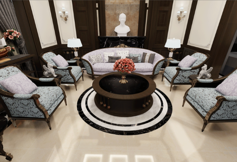 Phòng khách Indochine theo hướng luxury với gạch Viglacera AZ9-GP8805 vàng kem bóng mờ