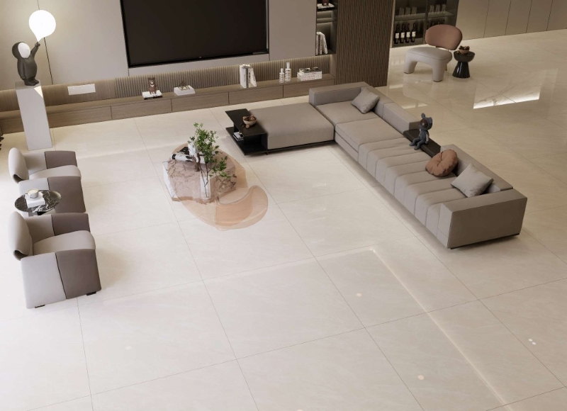  Phòng khách lớn dùng gạch vân đá  Viglacera CL2-P121204 màu kem rất mềm mại