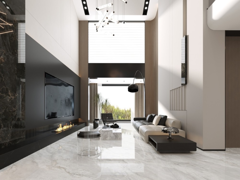 Phòng khách trần cao cực kỳ sang trọng lát gạch trắng vân đá Trung Quốc HLTQ918065EL