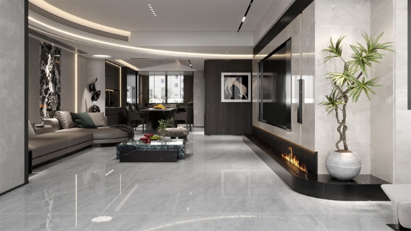 Gạch Trung Quốc HLTQ918052EL vân đá xám 90x180 được ưa chuộng trong phòng khách cao cấp