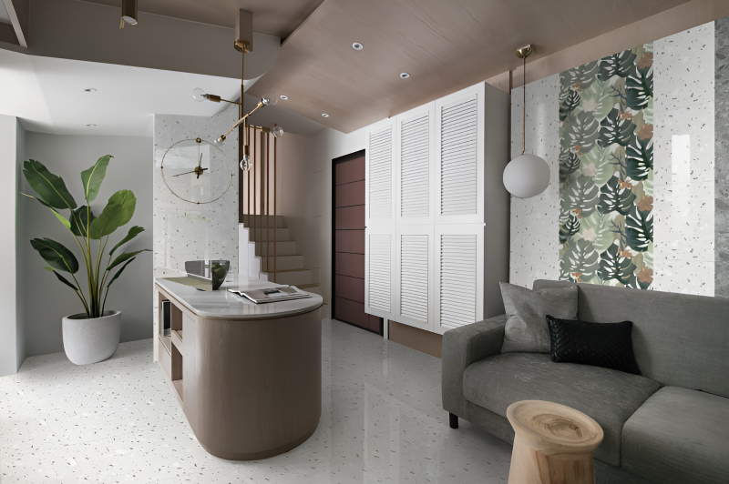 Khu vực phòng khách homestay đậm vẻ mát mẻ và bình yên với gạch lát terrazzo Apodio US6862