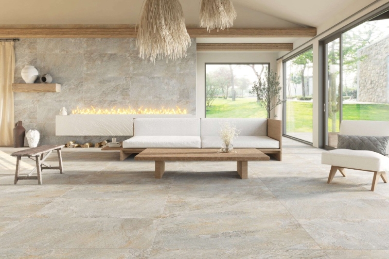 Phòng khách đậm chất Rustic chân thật với gạch Gạch Á Mỹ 21.B.612.8260 vân đá vàng kem