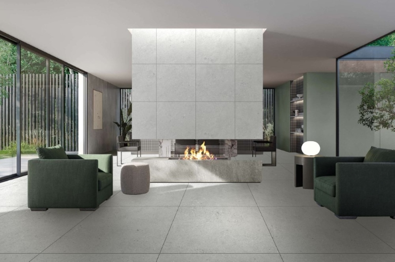 Gạch Apodio AF108876004 tông xám nhạt vân xi măng mờ mịn tạo lớp nền vững trãi cho phòng khách đơn giản