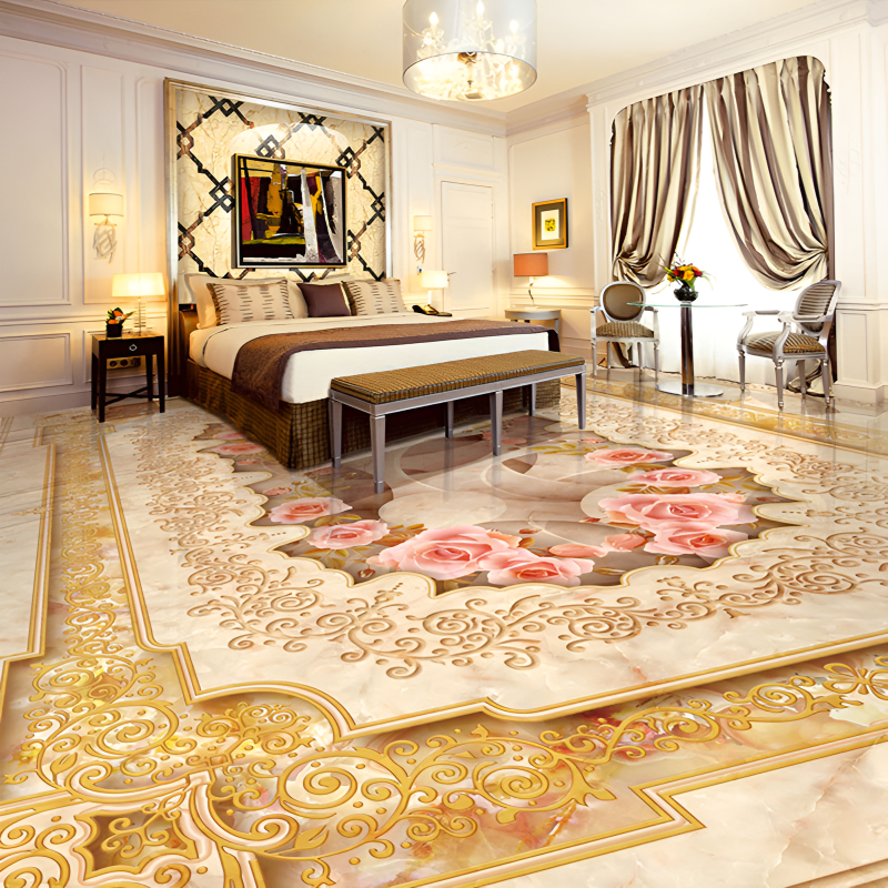 Mẫu gạch lát nền phòng ngủ 3D tone màu sáng được yêu thích trong phong cách phòng ngủ cổ đi