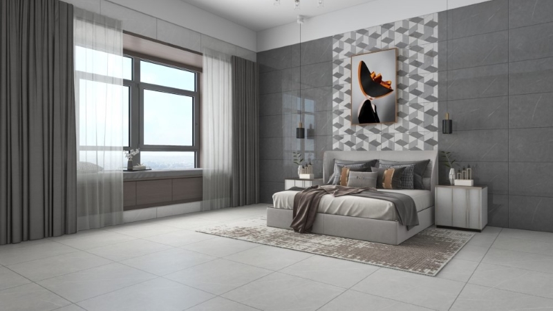  Phòng ngủ phong cách tối giản tông màu xám đặc trưng với gạch lát nền vân đá Apodio M66AG702