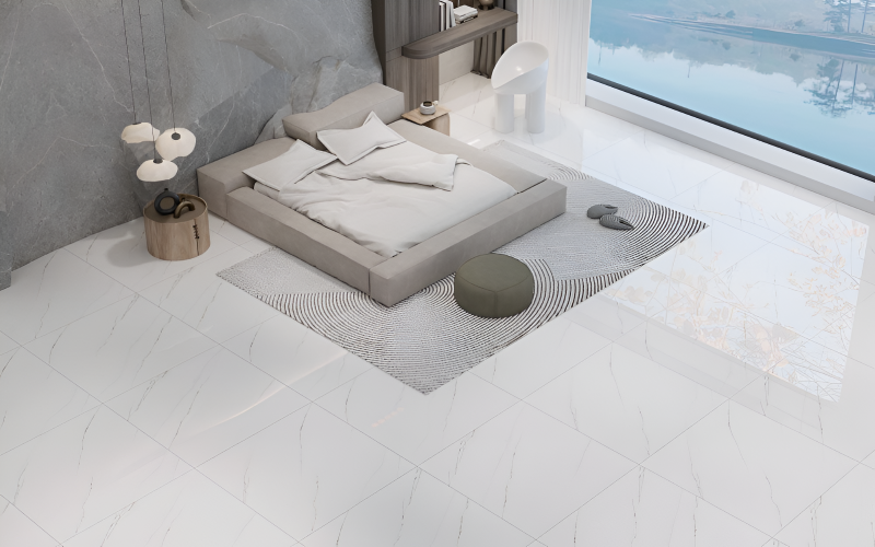  Gạch Viglacera CL1-P121201 tông trắng với đường vân đá mảnh nhỏ càng làm phòng ngủ thêm hiện đại, dịu mắt