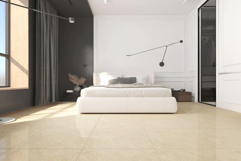  Gạch  Á Mỹ 21.C.660.5607 tông vàng men bóng đem lại ánh sáng tự nhiên cho phòng ngủ 