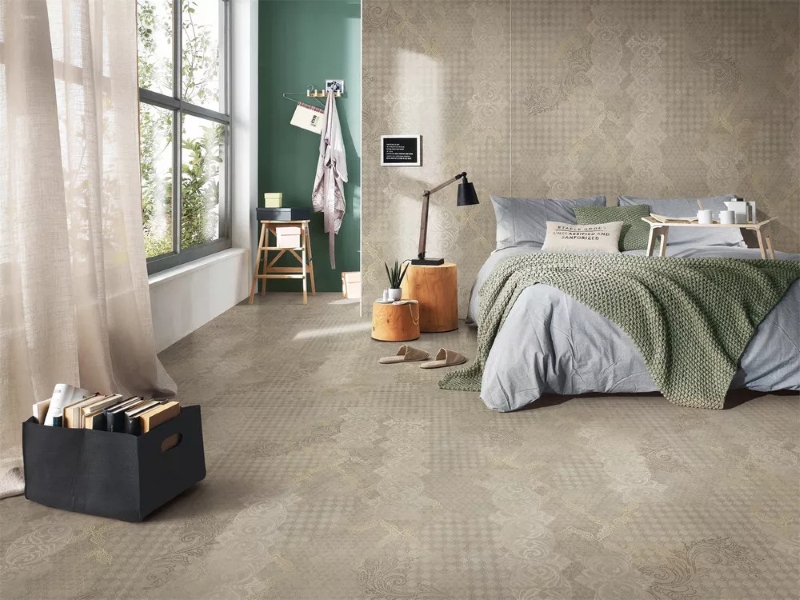 Gạch Trung Quốc HLTQ918009EL vân vải vàng ánh kim cho phòng ngủ thêm cao cấp, sang trọng