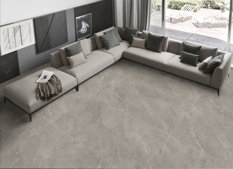  Phòng khách hiện đại dùng gạch vân đá xám khổ lớn