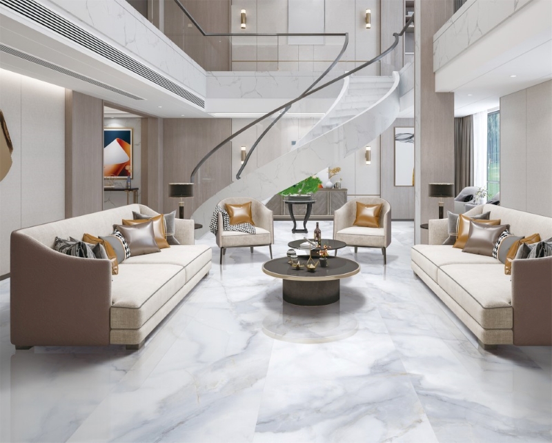 Gạch lát trắng sáng bóng cho phòng khách sang trọng, tinh tế 