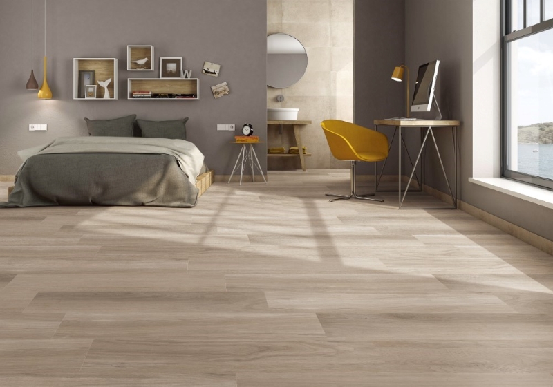 Phòng ngủ đơn giản, nhẹ nhàng với gạch vân gỗ 