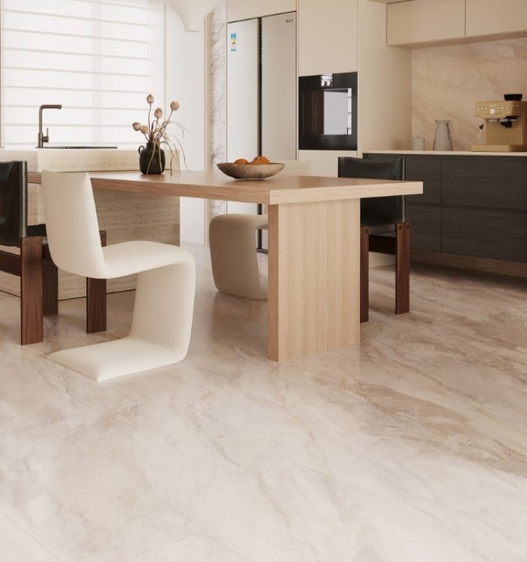 Phòng bếp theo phong cách Bắc Âu dùng gạch vân đá tông màu kem thời thượng