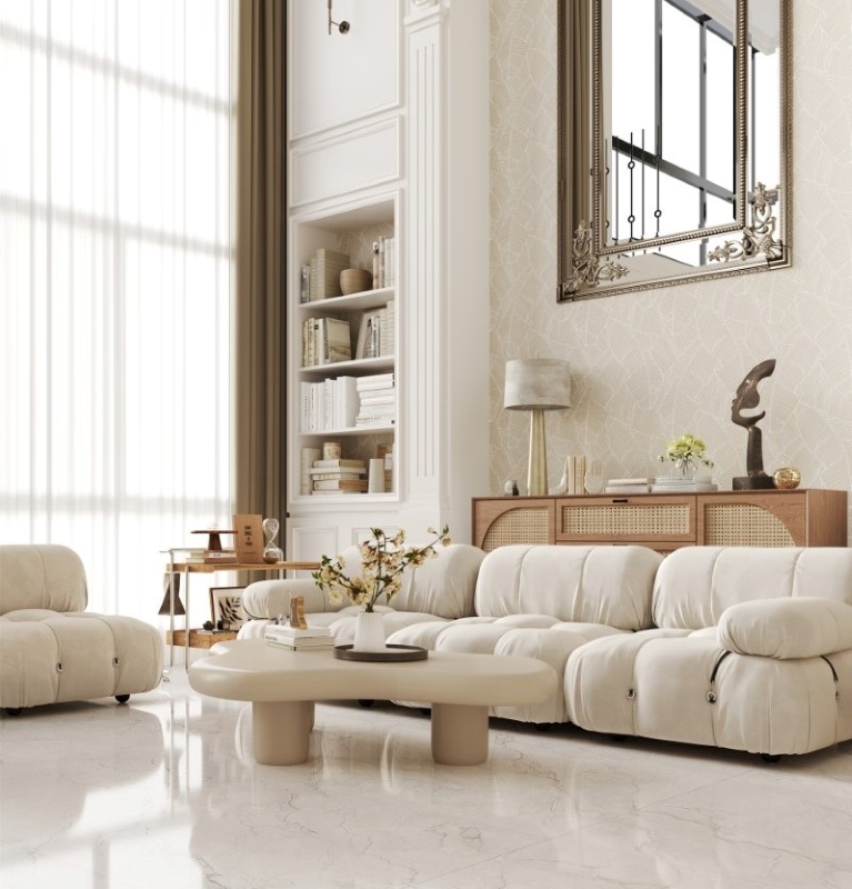 Gạch màu trắng kem phối nội thất kem thanh lịch