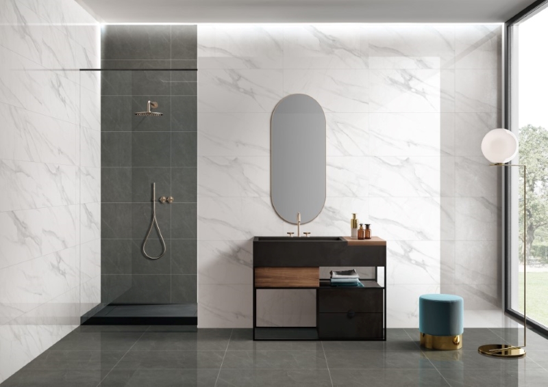 Gạch màu trắng phối xám sạch sẽ, thanh lịch