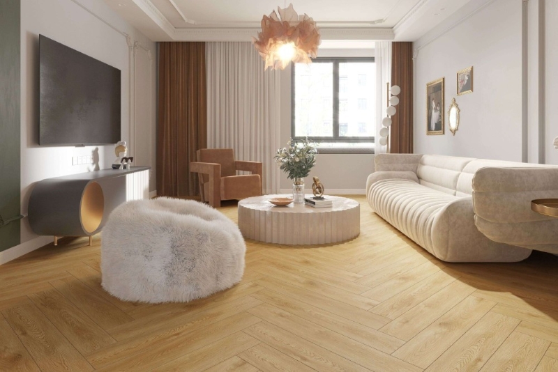 Gạch giả gỗ tông ấm thích hợp cho phòng khách nhẹ nhàng, sáng sủa