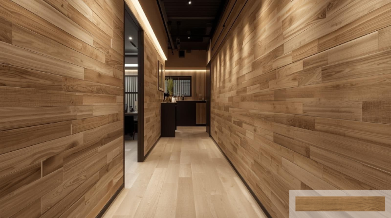 Gạch vân gỗ ốp tường hành lang đầy thân thuộc, gần gũi
