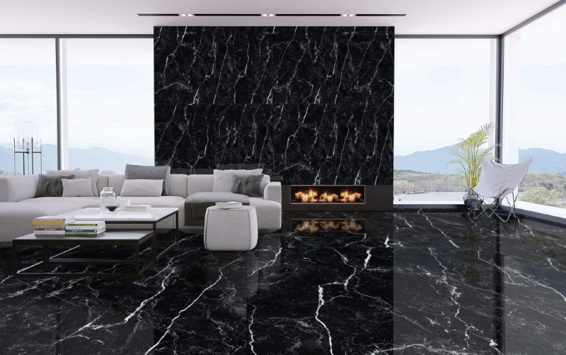 Phòng khách đẳng cấp với gạch ốp tường tông đen