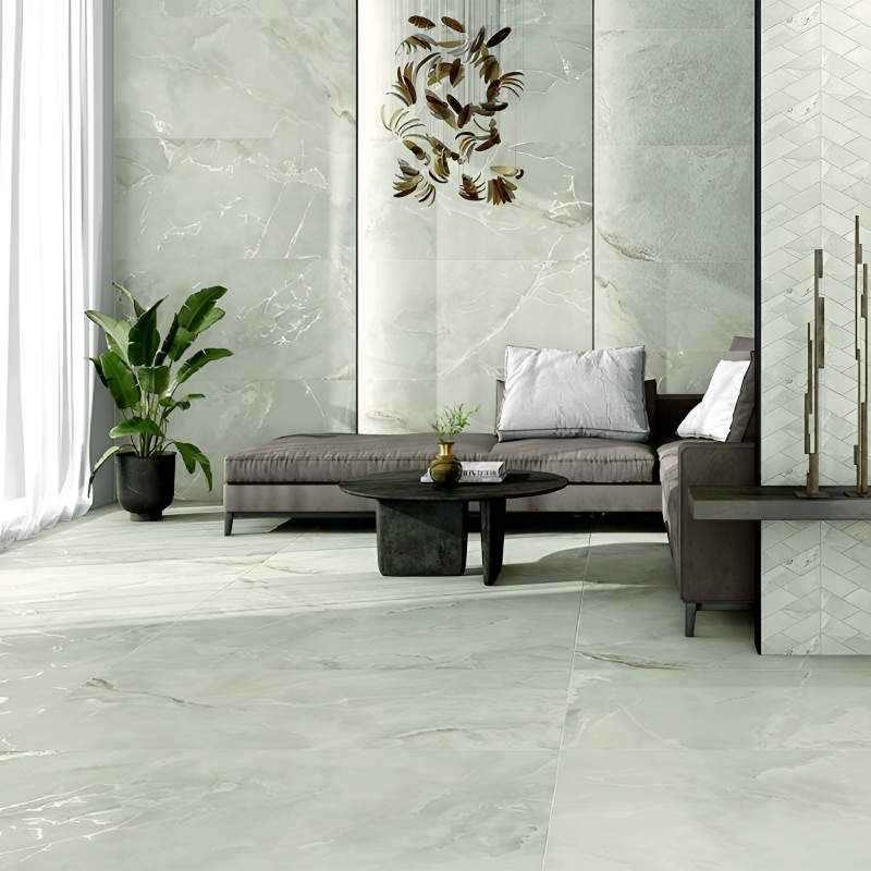 Gạch tông xanh ốp tường phòng khách 