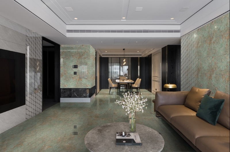 Phối màu gạch ốp tường phòng khách cho người mệnh Mộc