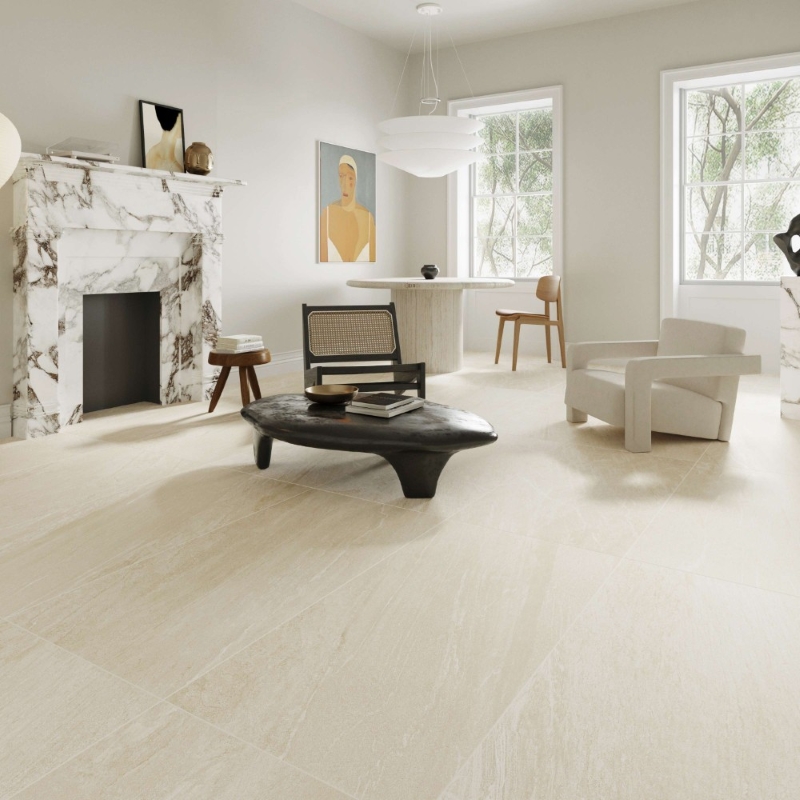 Gạch 60x120 bề mặt mờ lì cho phòng khách lớn tối giản