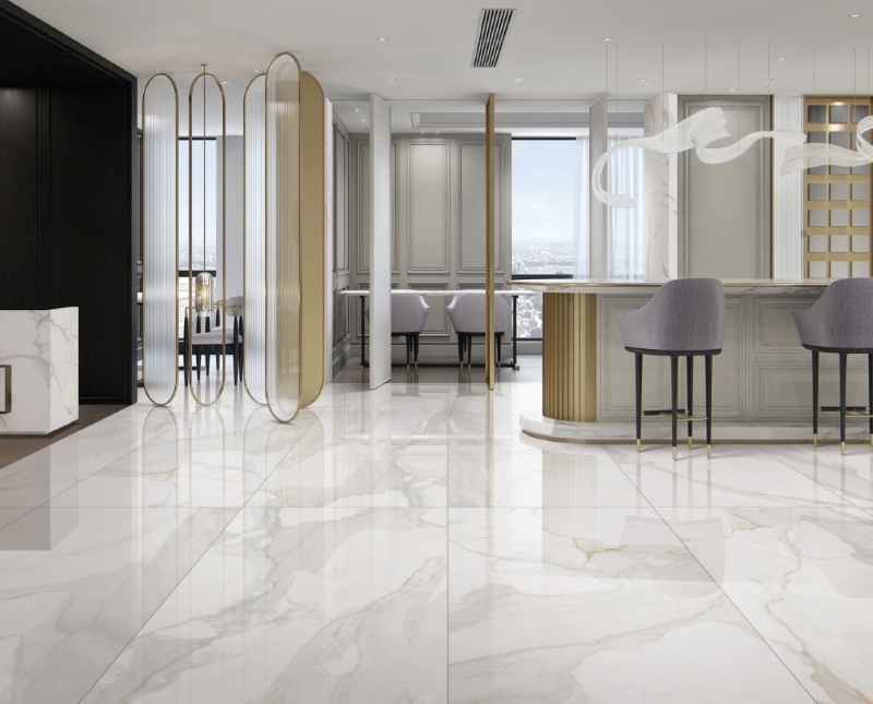 Gạch lát nền màu trắng sáng làm nổi bật mọi thiết kế nội thất