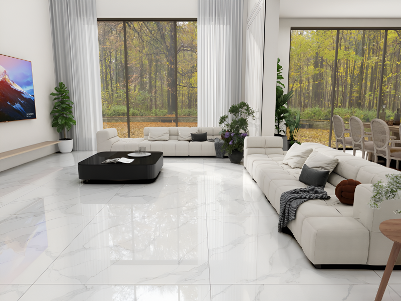 Gạch vân đá trắng khổ lớn rất được ưa chuộng trong không gian phòng khách sang trọng