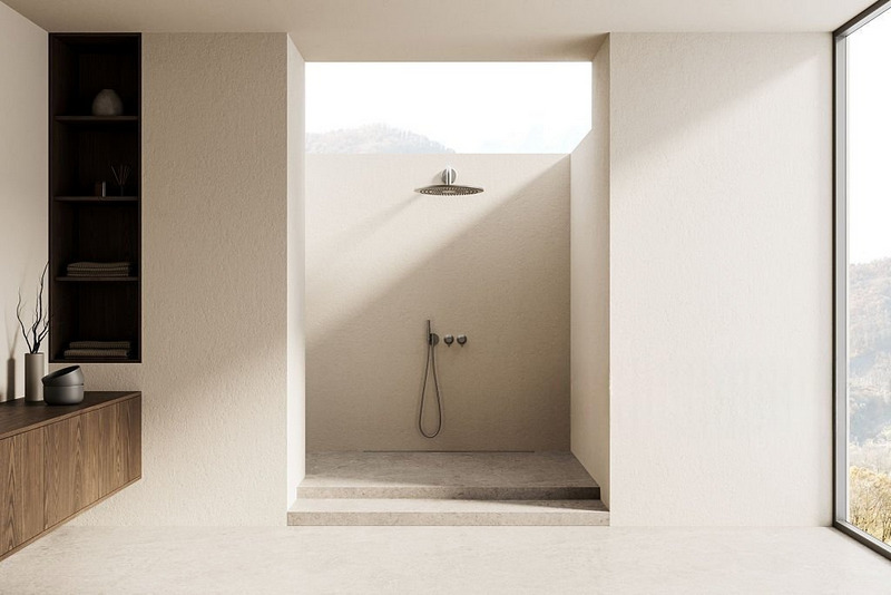 Sen tắm âm tường với bát sen trên gắn từ tay sen ngang, phù hợp nhiều kiểu phòng tắm hiện đại