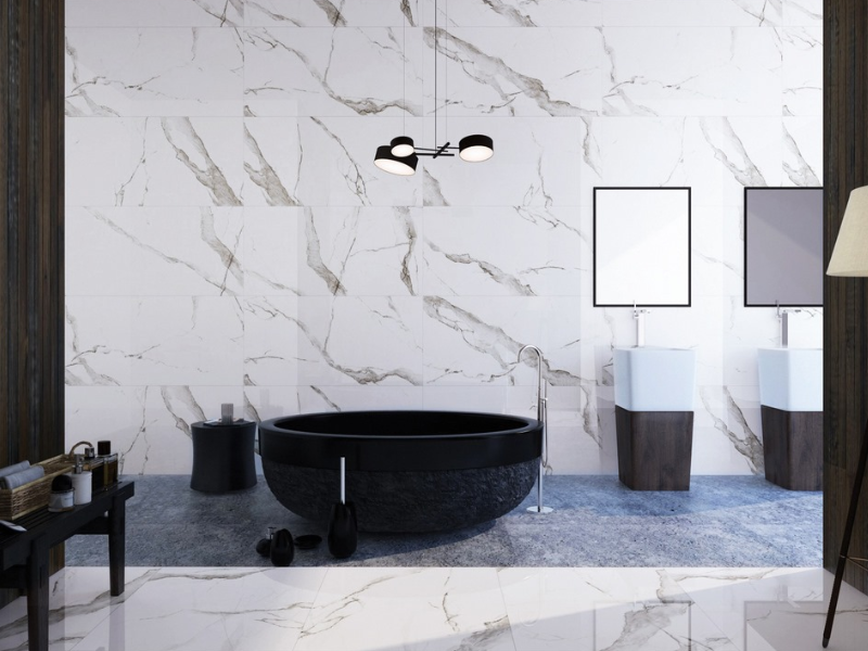 Không gian phòng tắm sử dụng gạch Viglacera SIG.P-61206 giúp tổng thể thêm phần sáng sủa và sang trọng.