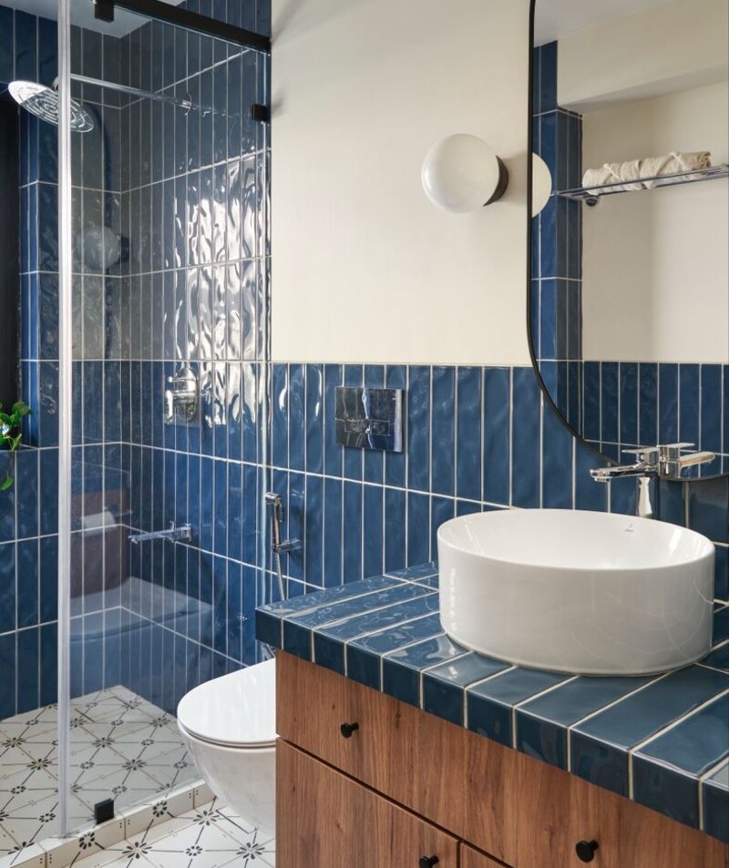 Phong cách vintage với gạch thẻ xanh tráng men kết hợp nội thất gỗ