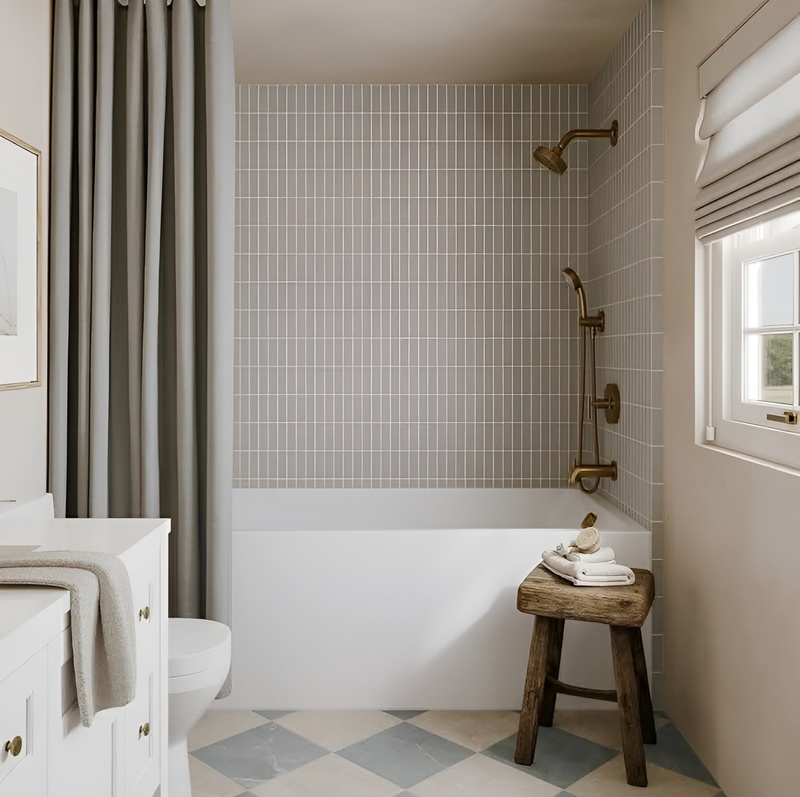 Phòng tắm tân cổ điển nhẹ nhàng, tông xám nhạt – trắng, đường nét mềm mại, trang nhã