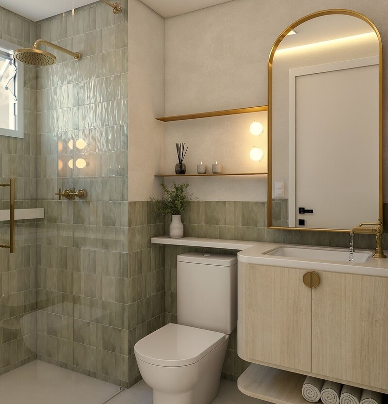 Phòng tắm tân cổ điển hiện đại, phối xanh pastel – vàng ánh kim, không gian sang nhưng vẫn rất dịu mắt