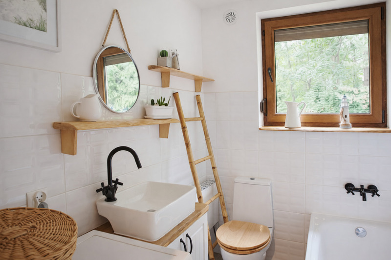 Phòng tắm rustic mộc mạc, gỗ tự nhiên kết hợp sứ trắng, ánh sáng tự nhiên tạo cảm giác gần gũi, nhẹ nhàng