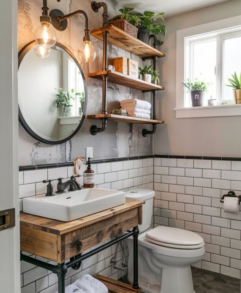 Phòng tắm rustic cá tính, gỗ thô phối kim loại đen, tạo nét thủ công, phóng khoáng