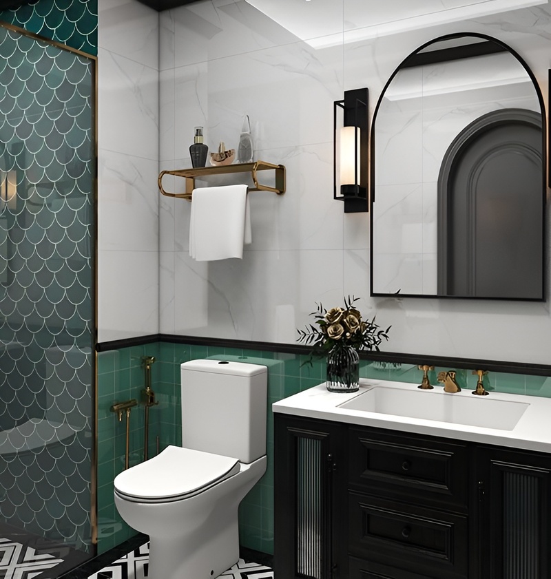 Phòng tắm Indochine với gạch vảy cá xanh ngọc kết hợp đen – vàng đồng, đậm chất Đông Dương tinh tế