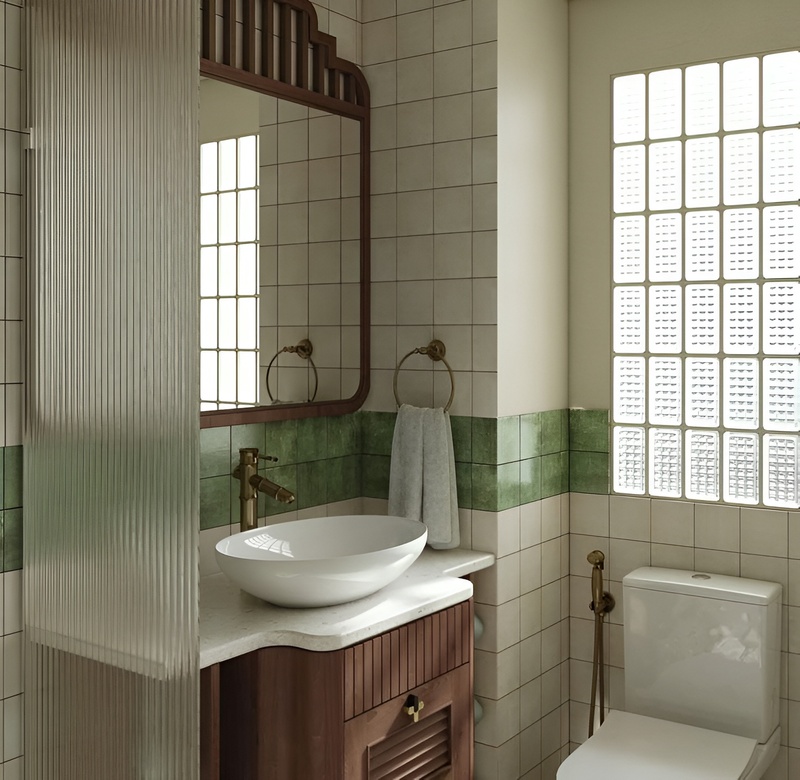 Phòng tắm Indochine truyền thống, gỗ tối màu phối gạch be – xanh rêu, không gian ấm và hoài niệm