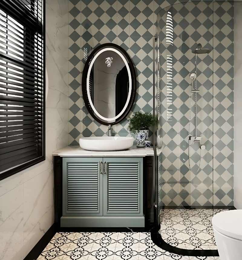 Phòng tắm Indochine hiện đại, gạch hoa văn cổ điển kết hợp xanh pastel – trắng, hài hòa nét xưa và nay