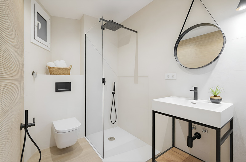 Phòng tắm Bắc Âu tinh giản, gam trắng – be – gỗ sáng, bố cục thoáng, ưu tiên công năng và ánh sáng