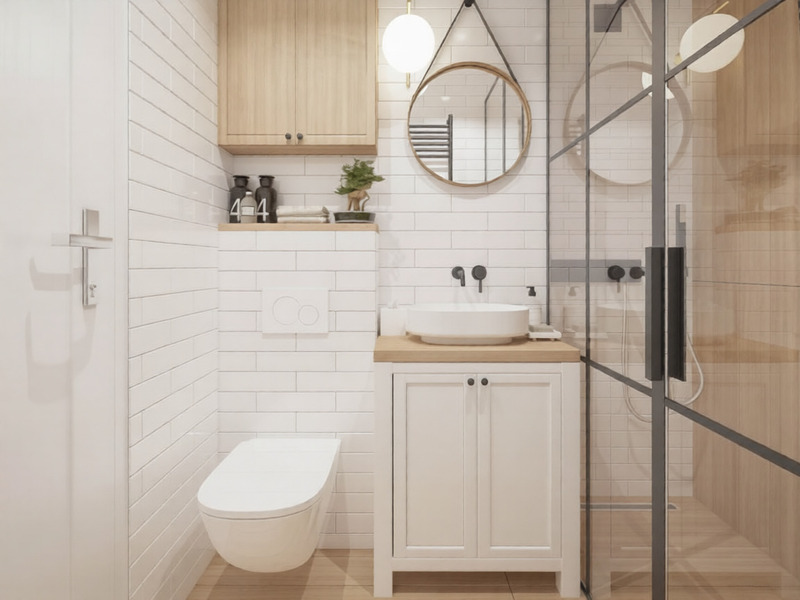 Phòng tắm Scandinavian ấm áp, gạch thẻ trắng kết hợp gỗ tự nhiên, cảm giác gọn gàng và dễ chịu