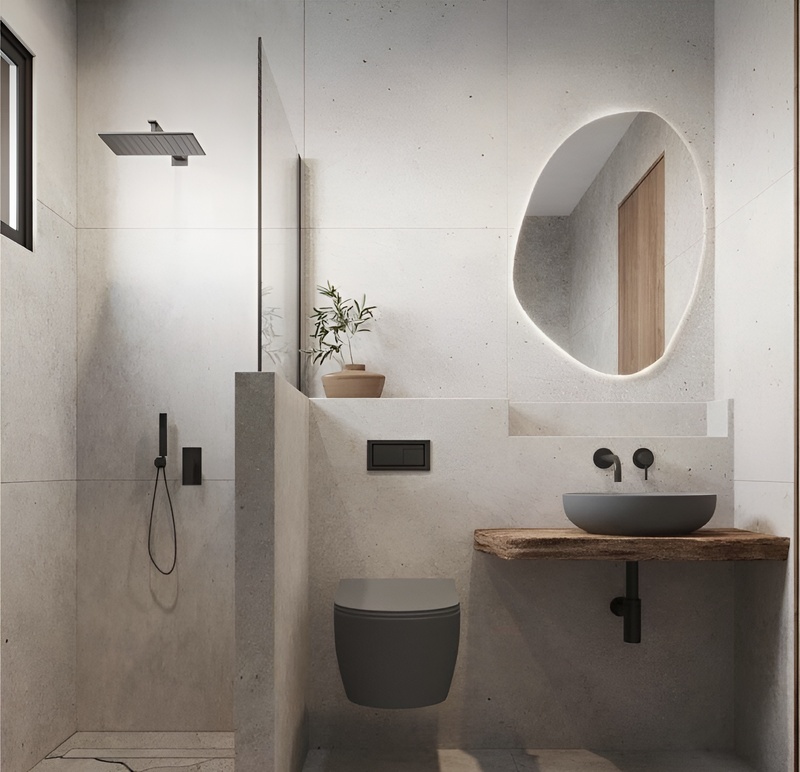 Phòng tắm Bắc Âu hiện đại, tông xám nhạt – gỗ mộc, đường nét tối giản, không gian tĩnh và thư giãn