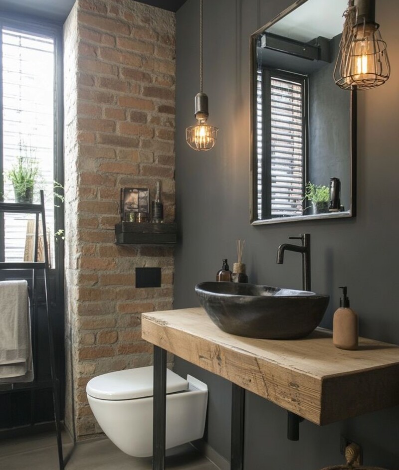 Phòng tắm công nghiệp mộc, tường gạch trần kết hợp gỗ thô – kim loại đen, ánh đèn vàng mang chất xưởng rõ nét.