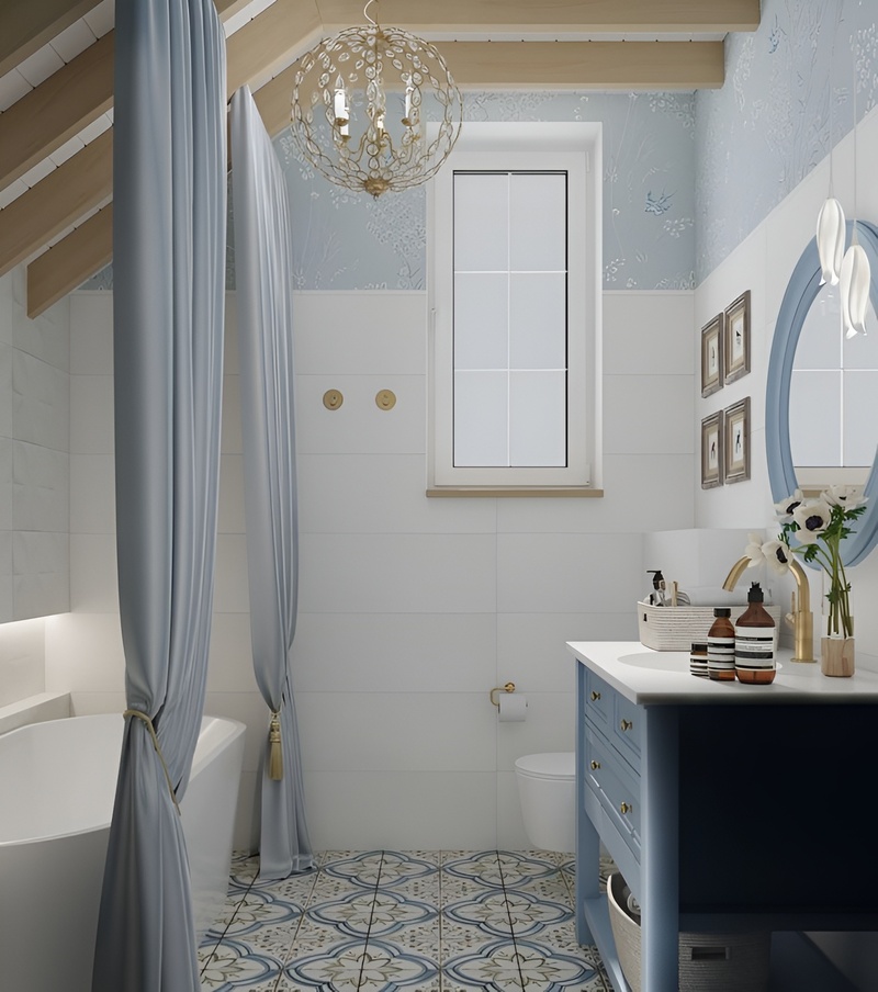 Phòng tắm Địa Trung Hải dịu mát, xanh pastel kết hợp trắng – gỗ sáng, cảm giác nghỉ dưỡng