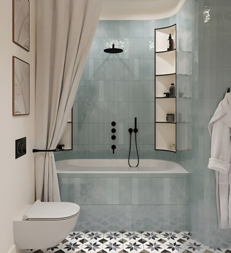 Phòng tắm Địa Trung Hải tinh giản, gạch xanh ngọc phối đen mờ, không gian thoáng và mát mắt