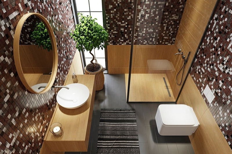 Phòng tắm 4m2 với tông nâu – gỗ – xám, tạo cảm giác ấm và sang