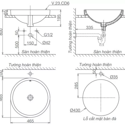 Chậu rửa mặt đặt bán âm bàn Viglacera CD6