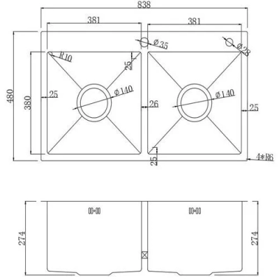 Chậu rửa bát hai hố Rusit-Vado R834827S
