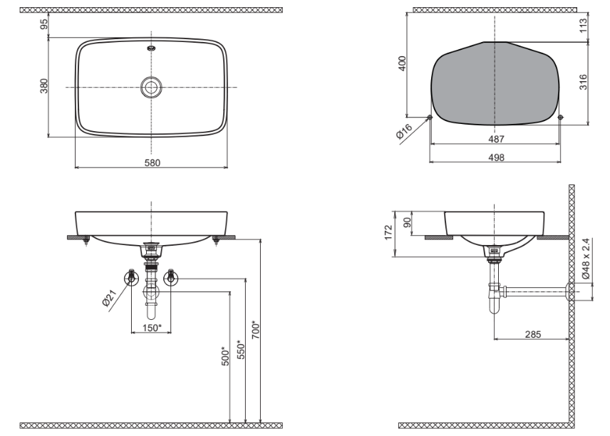 Chậu rửa dương bàn Inax AL-299V - Bản vẽ kỹ thuật