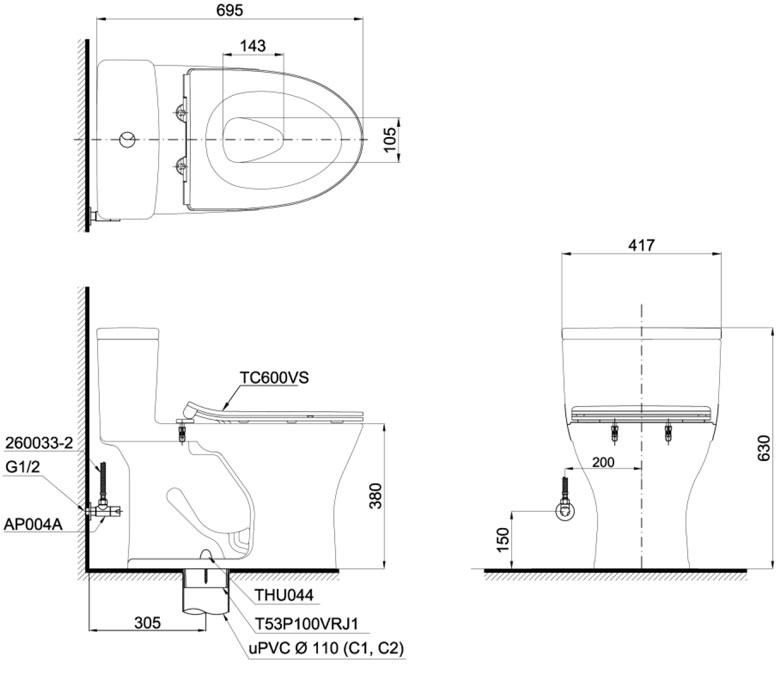 Bản vẽ kỹ thuật bồn cầu 1 khối TOTO MS855DT8