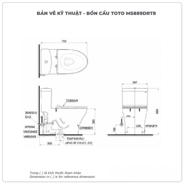 Bản vẽ kỹ thuật Bồn cầu 1 khối TOTO MS889DRT8